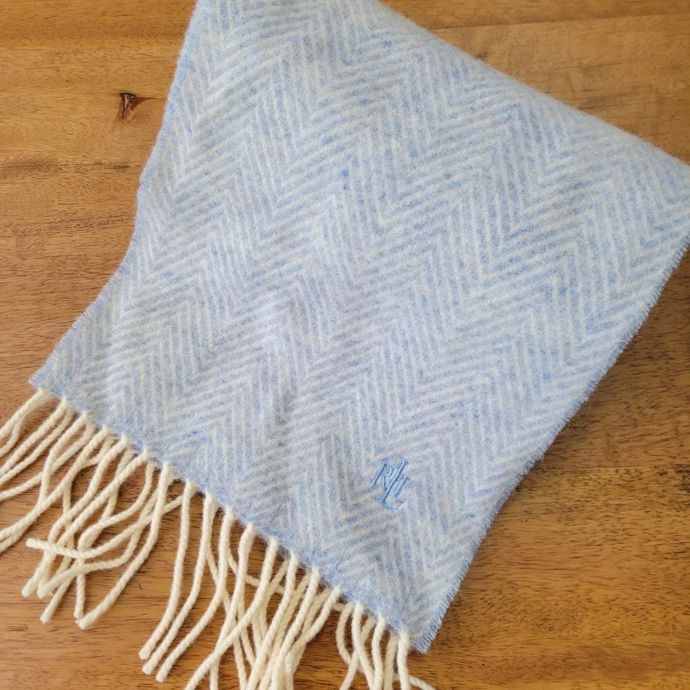 Lauren Ralph Lauren Scarf Womens OS Blue Herringbone 100% Lambswool Fringe UK